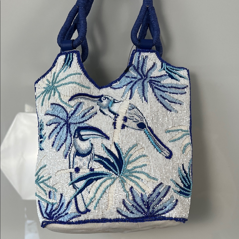 Hand-Beaded Blue & White Tropical Bird Resort Tote | Coastal Chic Like New - Picture 3 of 15